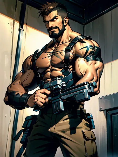 muscular mercenary, holding and firing weapon, assault rifle, brown hair, crew cut, spiky hair, facial hair