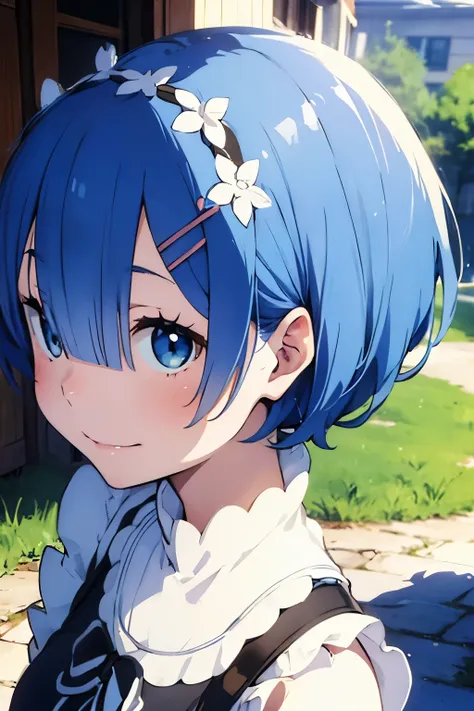 masterpiece, best quality, 1 woman, detailed beautiful face, smiling, short hair, blue hair, maid uniform