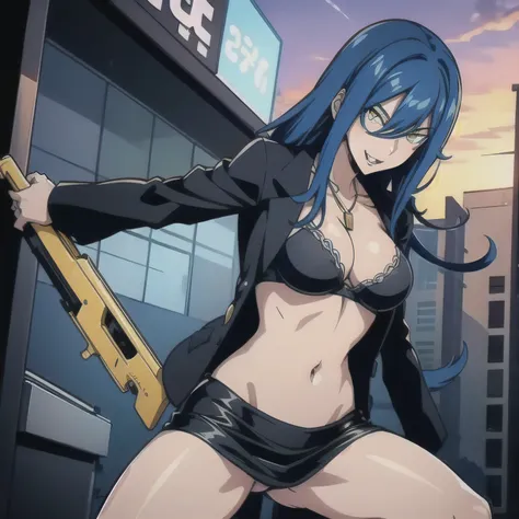 1girl,yellow eyes,large breasts,long hair,blue hair,hair between eyes, necklace, masterpiece, best quality, highly detailed, a girls with a gun, open mouth, blazer, sexy gaze, (nsfw) not
safe for work, badass pose , evil smile, smile, black bra, anime girl...