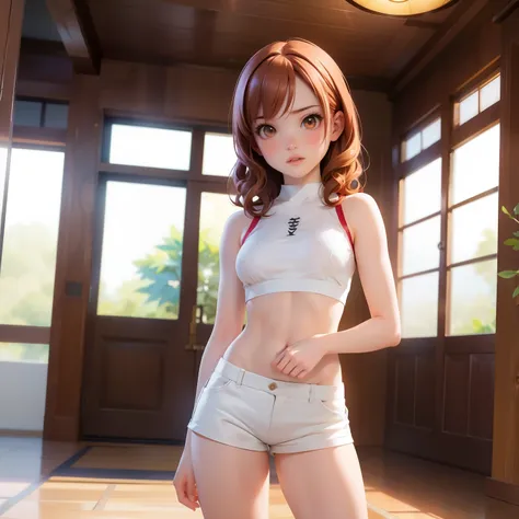 pale skin, small breasts, cute face, cotton shorts, tight top, intricate clothes, full body, cinematic light, makoto shinkai, an...