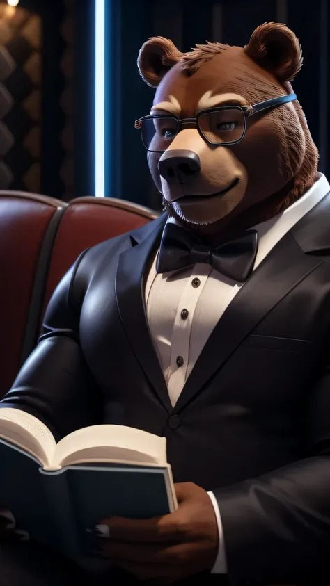 He&#39;s wearing a muscular bear man costume He&#39;s wearing very sexy and nerdy glasses He&#39;s reading a manga in a movie studio Total silence Hollywood live action in a 3D cinematic style He&#39;s about to wear a matching bow tie with his dad Let