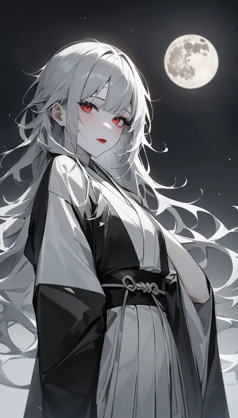 highest quality、masterpiece、1 girl、gray background、marble、gray hair:1.5、red eyes、red lips、white clothes、hakama、japanese clothing...