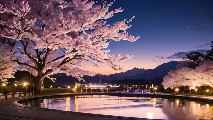 highest image quality、realistic pictures、full shot、i can see the whole thing。cherry blossoms at night、big tree、fantastic scenery...