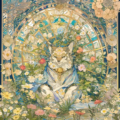 top quality, best quality, logo mark, stamp, Geometric pattern, vector-art, High-quality illustrations by Alfons Mucha, masterpiece(kemono, furry anthro)flower,