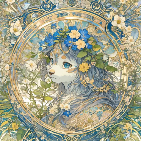 top quality, best quality, logo mark, stamp, Geometric pattern, vector-art, High-quality illustrations by Alfons Mucha, masterpiece(kemono, furry anthro)flower,