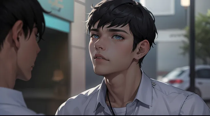 estilo anime 2d. there are two 16 year old boys , estan tristes lagrimas en los ojos uno esta de perfil cabello gris el otro lo mira triste cabello naranja 