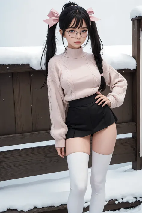 (Best Quality,High resolution:1.2), Ultra-detailed, Realistic portrait, cute girl, pretty face, perfect long legs, full body, tiny waist. large breasts, standing, tight white jumper, black high waist leggings, pink and white snow boots, in the snow, large ...