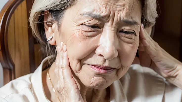 an elderly woman aged 40 or over, feeling ringing in her ears, face in a lot of pain, sitting in a chair, with her hand on her left ear