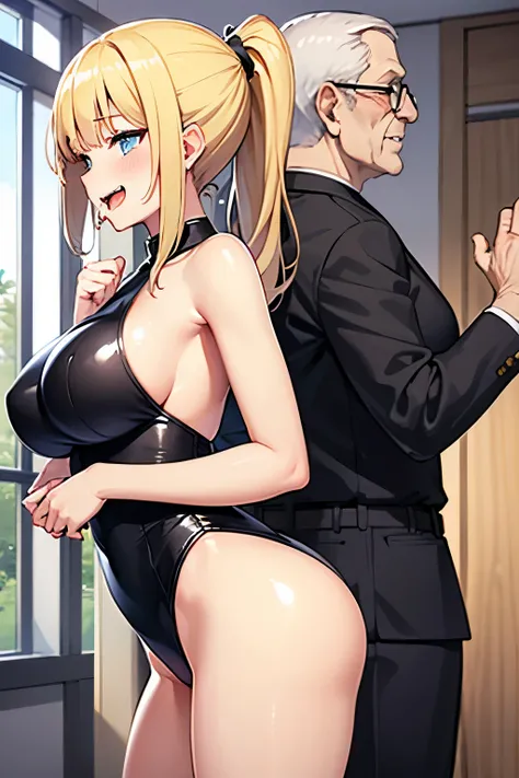 High school girl whose butt is touched by an old man,1 girl,big breasts, smile, laughter, Are standing, armpit, grab, tickle, Research room,saliva,please open your mouth wide,blonde ponytail,black leotard,girl tickled by fingers,