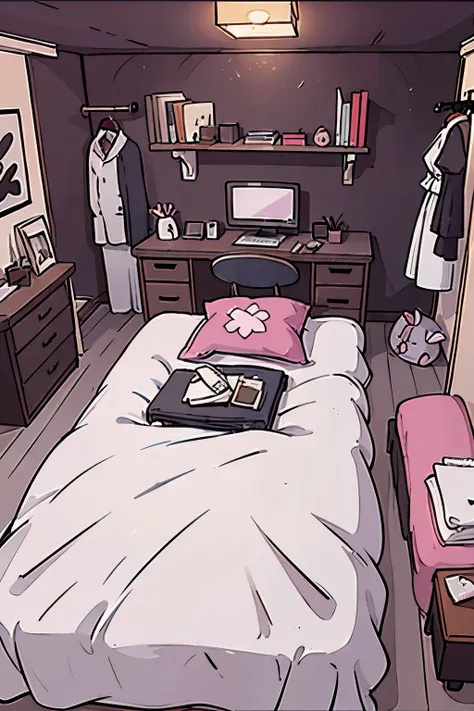 bedroom, desk with a computer, a bed, a bedside table, a wardrobe, a chest, a mobile phone on top of the chest, posters, dark feminine colour palette, rock decorations, stuffed animals, some sex toys on shelves, perspective from inside and above