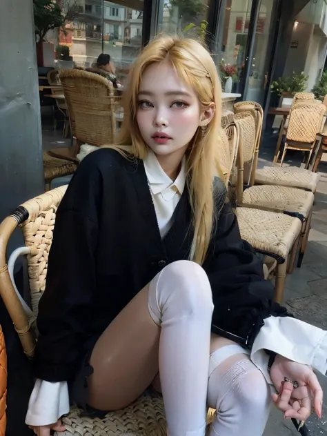 blonde woman sitting on a chair in a cafe wearing white socks, Ulzzang, com cabelos longos brancos,  coreana, com longos cabelos brancos, cruel korean goth girl, parque roseanne de blackpink, com longos cabelos loiros, modelo de moda feminina coreana, Heon...