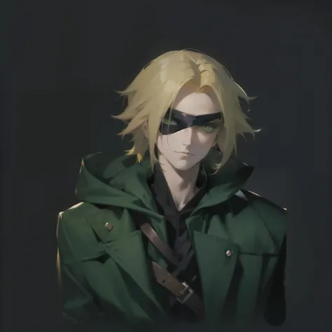 um homem com uma jaqueta verde e um tapa olho preta, young blond fantasy thief, he wears an tapa-olho, made with anime painter studio, johan liebert misturado com alucard, personagem de anime masculino, cabelo loiro olhos verdes, Coringa parece Naruto, tap...