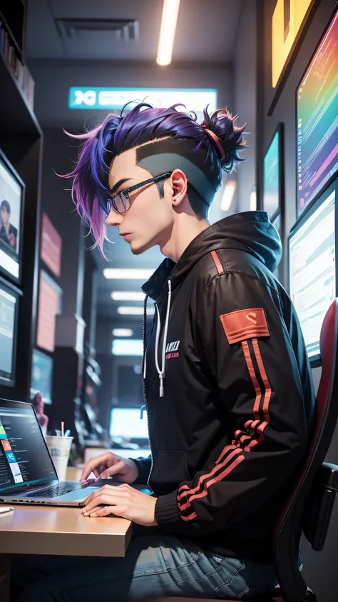 Create a colorful image of an ethical hacker, seen from the front, working on the laptop in an anime style