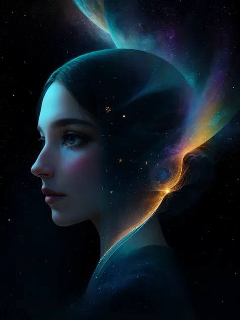 Astral Traveler A portrait of a woman with an ethereal quality, quase transparente, as if it existed between dimensions, seu olhar fixo em estrelas distantes, sua mente vagando pelo cosmos.