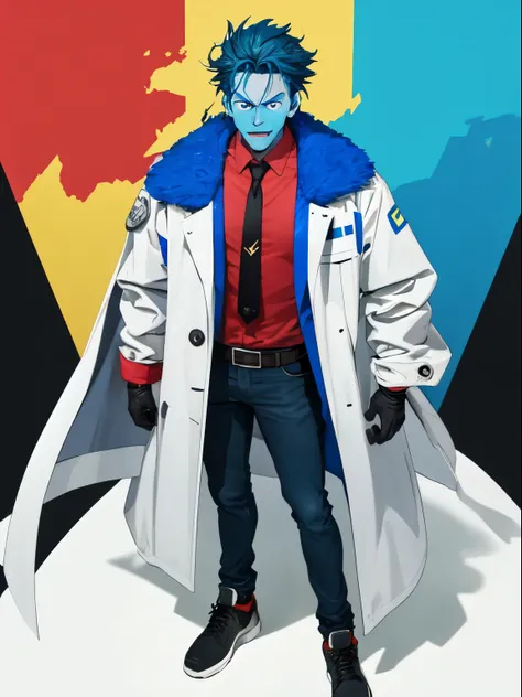 (best quality, masterpiece), solo, 1man, handsome, athletic, lab blurry background, blue messy hair, ((blue goatee)), (((blue skin))), mad scientist goggles on head, pink eyes with yellow pupils, black mad scientist coat, black mad scientist gloves, red ti...