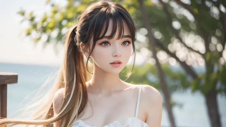 outdoor、swaying bangs、ultimate beautiful girl、bangs care、ponytail、hair care、very beautiful 18 year old cute girl、white and young beautiful skin、Sexy and very beautiful beauty、Very cute face and ultimate beauty、Super long bright natural blonde hair、smooth s...