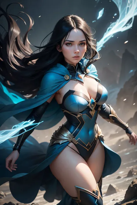 In the realm of Marvel Comics, a girl dressed in fabulous costumes graces the scene. Her attire features a blue dress that shimmers under the animated energy, and a blue cloak billows behind her as she moves with grace and poise. With light black and black...