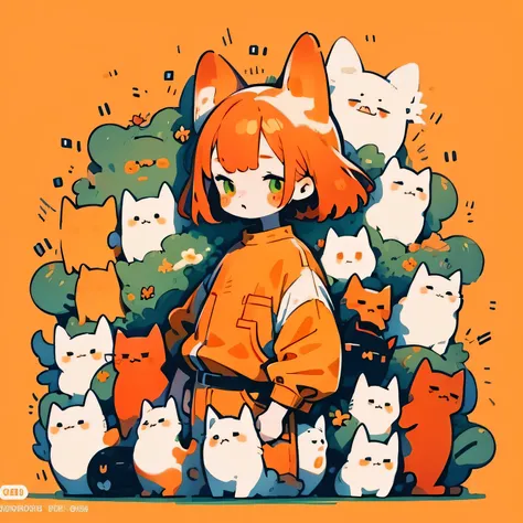 bust_portrait, catboy, cat ears, red hair, green eyes, fang, simple orange shirt, pale skin, cute adorable, little boy, , shota, toddler, cute,