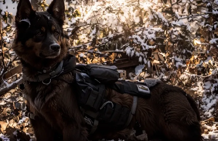 siberian dog, realistic black and white fur, He wears a harness and brown color bomb vest, vest with big bomb, cables, has a radio and radar system on top, is in a totally destroyed post-apocalyptic city, winter, snow , mid afternoon beautiful sunset, 4k, ...