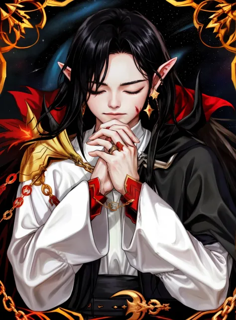 bloodmage, pointy ears, black hair, jewelry, red eyes, 1boy, male focus, chain, looking at viewer, earrings, ring, long hair, lo...