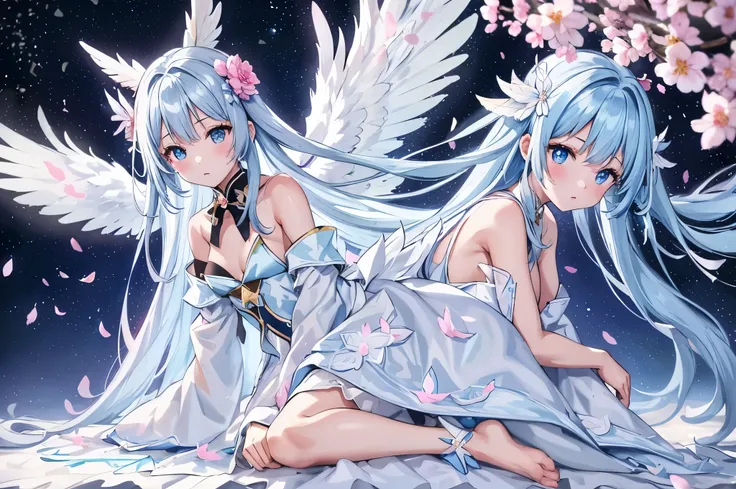 1 girl, alone, light blue long hair、beautiful black eyed angel girl、 flowers, A thin white dress like a feather robe, ドレスがWindに舞う、angel&#39;s seven-colored wings、Cherry blossom petals sparkle in the moonlight、particles of light, cloud, feathered 羽, feather...