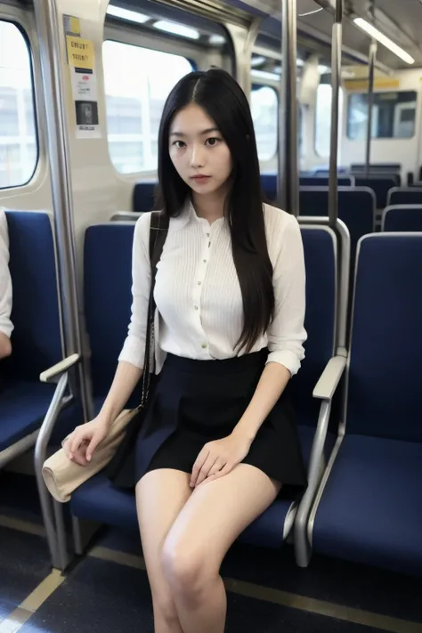 japanese woman,on the train, look at the audience, long hair, Tight Skirt,sit down,I can see the pants