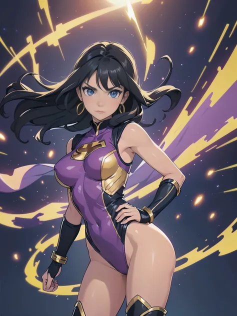 1girl,superhero,24 age,medium breasts,black hair,blue eyes, sleeveless highleg purple leotard with gold accents,bare legs,knee boots,bracelets,gold star on chest, hands on hip,standing straight,heroic,infused with energy, office backdrop,light particles,sw...