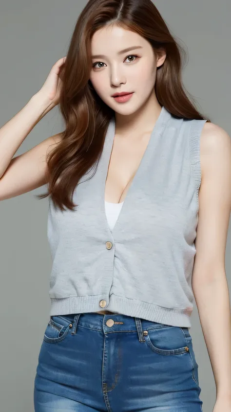 8K，（lively， High resolution：1.3）， One girl with perfect figure， The face shape and eyes are very delicate.，long hair， random color vest：1.2， short jeans， huge breasts，show cleavage