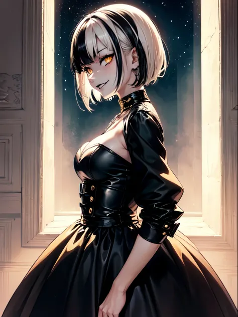 ((anime girl, goth, short hair, black hair with white highlights, golden eyes, smug face)), (gothic style black dress, black jacket, neckline, medium breasts), (at night, better lighting, backlight, better shade), gothic makeup