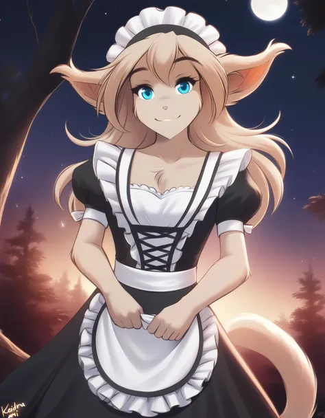 solo, tklaura, keidran, mammal, pantherine, laura_(twokinds), laura_twokinds, twokinds, personalami, rating:safe, anthro, arm_tuft, forest, night, stars, moon, hair, blue eyes, hair ,tail, maid, maid apron