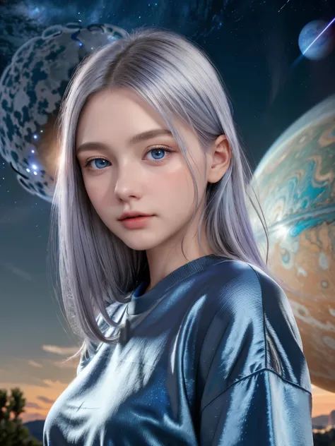 (4k), (highest quality), (best details)（surrealistic）,french beautiful girl、silver hair、blue eyes、giant planet jupiter floats in...