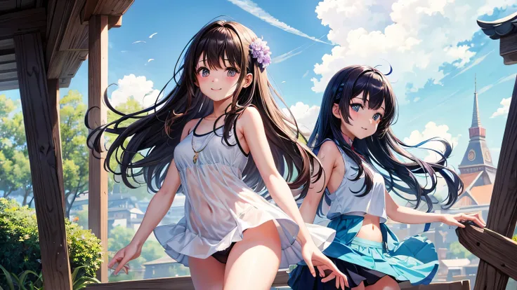 Two very cute girls、(girl、)、dark brown hair、cowboy shot、medium long hair、short hair、Violet eye、brown eyes、smile、clear white skin、beautiful legs、white tank top、blue blitz skirt、whole body、grassland、8K、4k、High resolution、fine-grained、girl2 people。