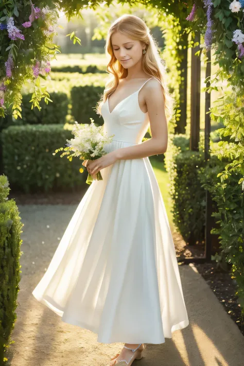 A girl with flowing golden hair and mesmerizing blue eyes, wearing an elegant white dress, standing in the midst of a vibrant garden filled with blooming flowers and lush greenery. The sunlight gently illuminates her delicate features, casting a soft glow ...