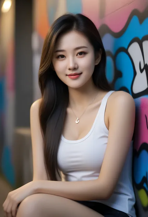 close-up shot of beautiful korean female, 36 inch breasts size, straight long hair, slightly smile, wearing fitting  tank top, n...