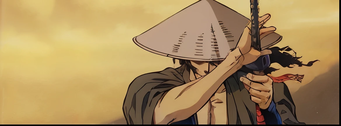 arafed image of a man holding a sword and a hat, ninja scroll anime style, anime ninja scroll, takehiko inoue, inspired by Eiichiro Oda, eiichiro oda style, miyamoto musashi, from kenshin, samurai champloo, from one piece, samurai man vagabond, inspired by...