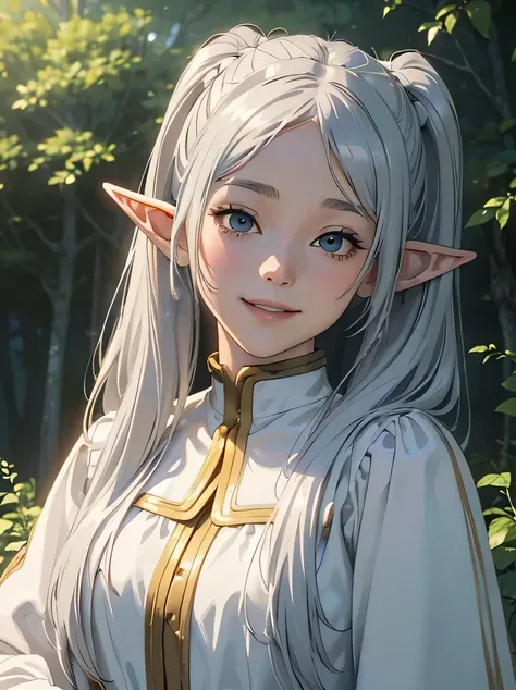 ((masterpiece、highest quality、Super detailed、High resolution、realistic、sharp focus))、face light、bust shot、high brightness、high color saturation、((very delicate and beautiful))、female elf、Freelen、long silver hair、smile、twin tails、round face、white clothes、in...