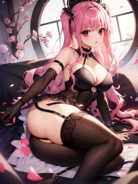 anime - style image of a woman in a black lingerie sitting on a bed, girl with pink hair, pink girl hair, seductive anime girl, guweiz on pixiv artstation, guweiz on artstation pixiv, smooth anime cg art, guweiz, pixiv 3dcg, artwork in the style of guweiz,...