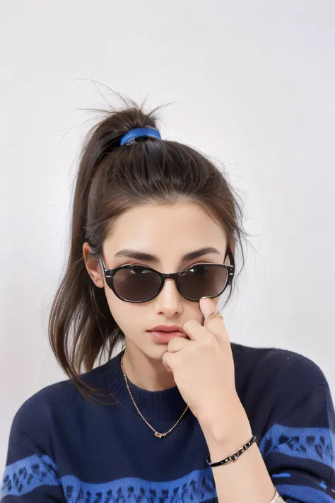 arafed woman wearing sunglasses and a blue sweater sitting at a table, with sunglasses, Thick sunglasses, Comes with sunglasses, with dark brown sunglasses, wearing black glasses, Wearing black-rimmed glasses, black sunglasses, Super high quality model, we...