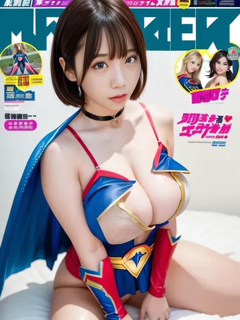 masterpiece、supergirl costume、short hair、barefoot、big and full breasts、public health center、After masturbating on the bed、Seduce in sexy poseodel body shape、shiny、looking at camera、choker、long sleeve、red mini skirt、Weekly magazine cover、gravure magazine、sw...