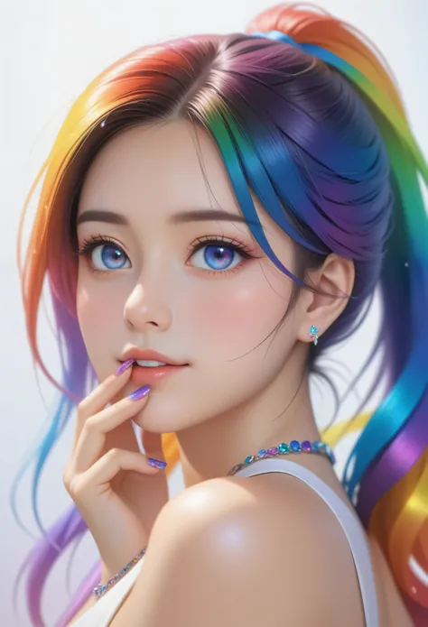 1 girl,glowing eyes,light smile, long hair, (colorful hair: 1.8),(rainbow gradient high ponytail:1.7),hair ribbon, bracelet, rin...