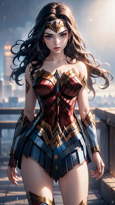 (la mejor calidad,the high resolution,ultra - detallado,actual),ariana grande es wonder woman, (fondo nublado lluvia ciudad futu...