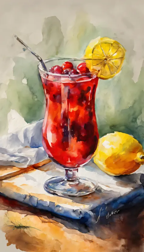 Painting a glass of sangria, a straw, drawing with microsoft paint, sketching a glass of sangria with ms Paint, drawing strokes, drawing thick lines, drawing with photoshop, there is a lemon lying on a wooden table, technical sketch number, Paint drip. Per...