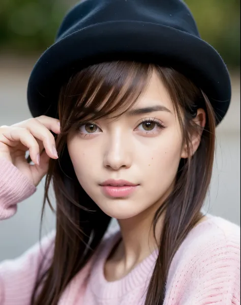 Mejor calidad, enfoque facial, Luz tenue, ultra high resolution, (Fotorrealista:1.4), foto cruda,
1 chica japonesa, with pink sweater with hat, Realista, Pelo largo negro con corte en capas. Ojos cafes y pecas