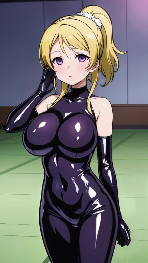 1 girl,NSFW,Eri Ayase, (lovelive), VR, clavicle, absurd, brainwashing,Combatant, empty eyes,((purple glowing eyes 1.5))( huge breasts ), No expression, emotions are removed,((black latex tight bodysuit)),avert your eyes , whole body shape, ((stand up, salu...