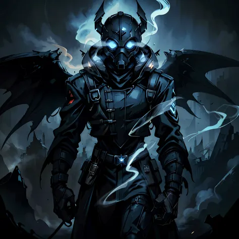 soldier gas mask glowing eyes in black fascist coat smoke blue color for profile wings background epic