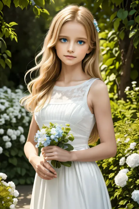 A girl with flowing golden hair and mesmerizing blue eyes, wearing an elegant white dress, standing in the midst of a vibrant garden filled with blooming flowers and lush greenery. The sunlight gently illuminates her delicate features, casting a soft glow ...