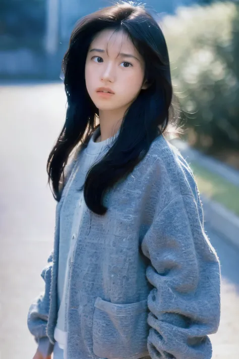 (masterpiece, realistic, ultra high resolution, high quality:1.2), 1 girl, (young),(no makeup), black hair, portrait, old photograph, 80&#39;s style , dynamic pose, studio, ((akinanakamori))