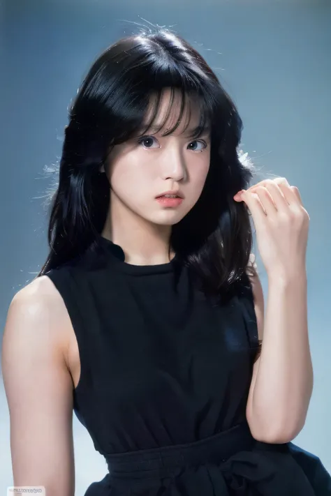 (masterpiece, realistic, ultra high resolution, high quality:1.2), 1 girl, (young),(no makeup), black hair, portrait, old photograph, 80's style , dynamic pose, studio, ((akinanakamori))