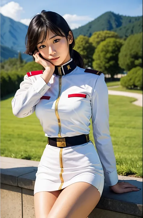 real photos、Highest im年 quality、realistic、Beautiful woman、beautiful thighs、beautiful face、real im years、federal army uniform miniskirt、ponytail、Yuriko Yoshitaka、16 years old Japanese female、Zuo々Ki Nozomi:1.4、pretty girl、white pantiesが見える、16age、(white panti...