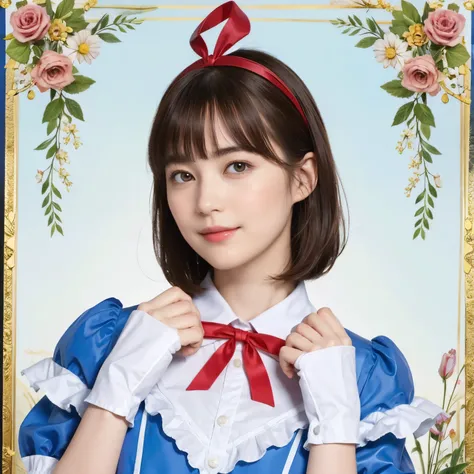 189 (alice in wonderland), (She wears a large triangular ribbon on her head.), short hair, young woman, gentle smile, colorful clothes
